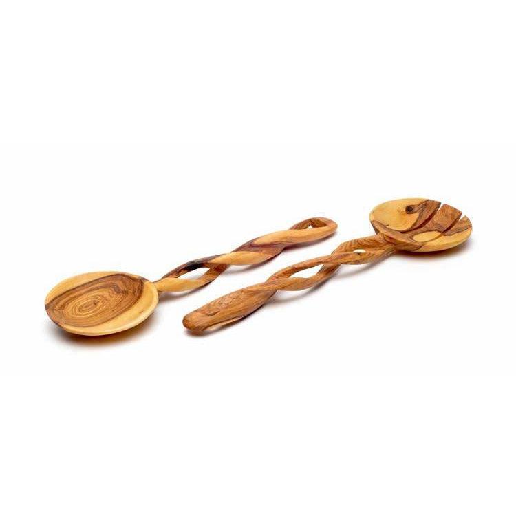 Serving Spoons, Olive Wood with Spiral Carved Handle - Ninth & Pine