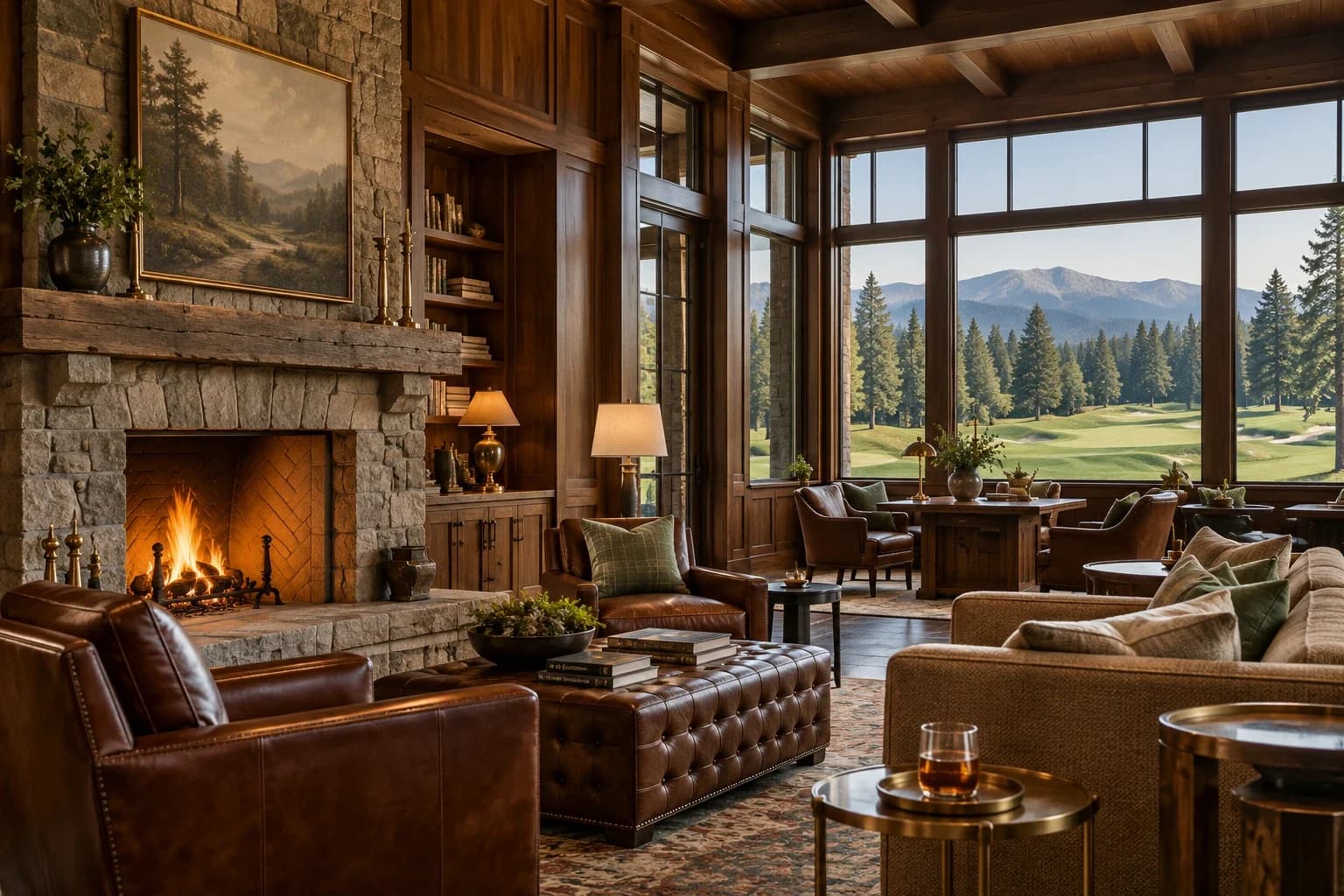 A wood-paneled clubhouse lounge with a stone fireplace and a view of the course