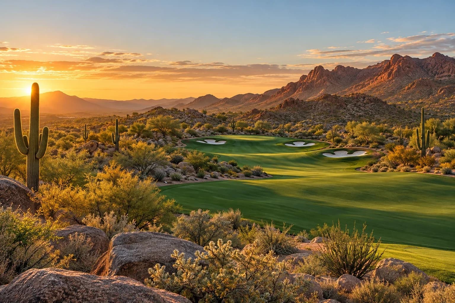 A desert golf course with saguaro cacti at sunset
