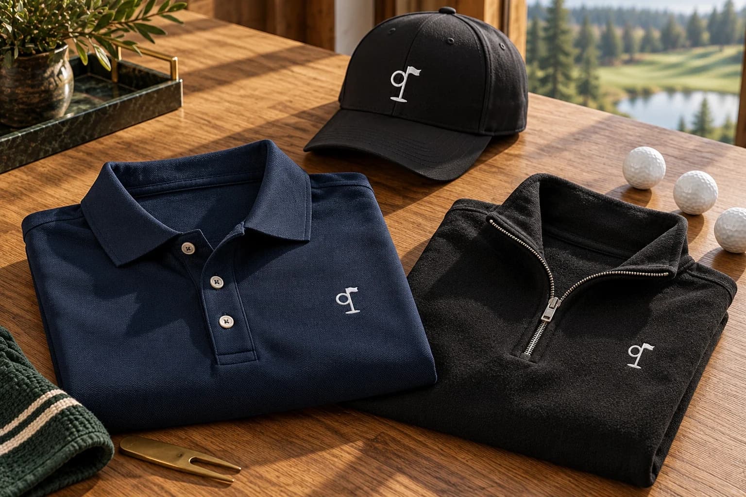 A navy polo, a black half-zip and a black cap laid out on a wooden table