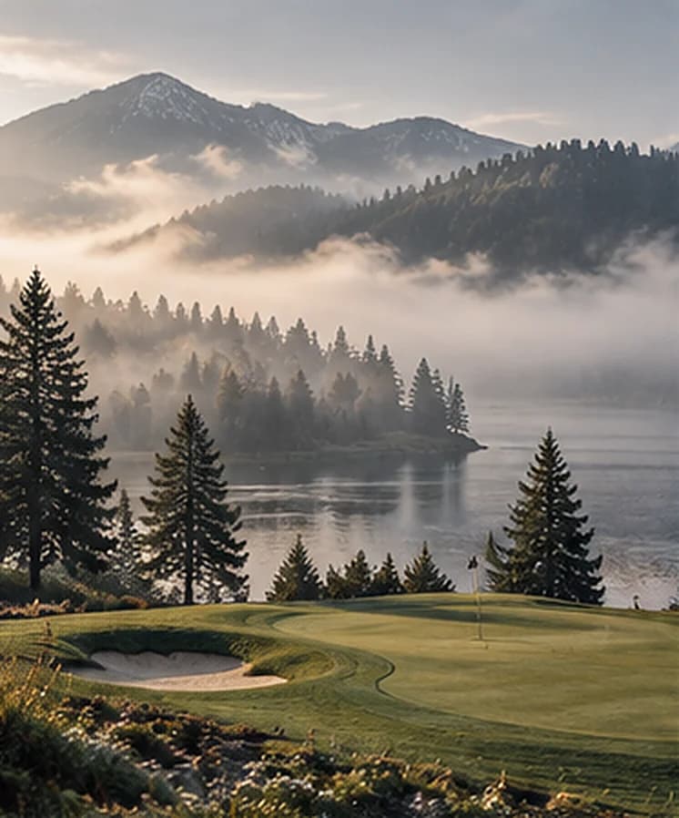 A green and bunker framed by pine trees, with mist over a lake and mountains