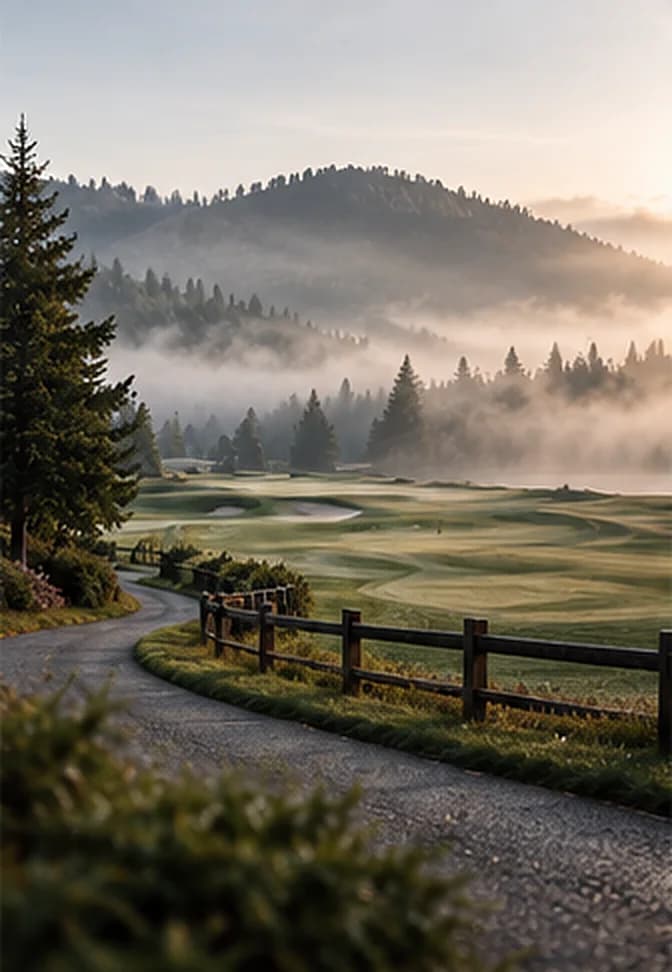A misty golf course and a cart path lined with pines on a gray morning