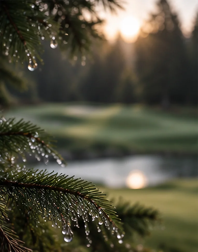 Dew on pine needles at the edge of a course at sunrise