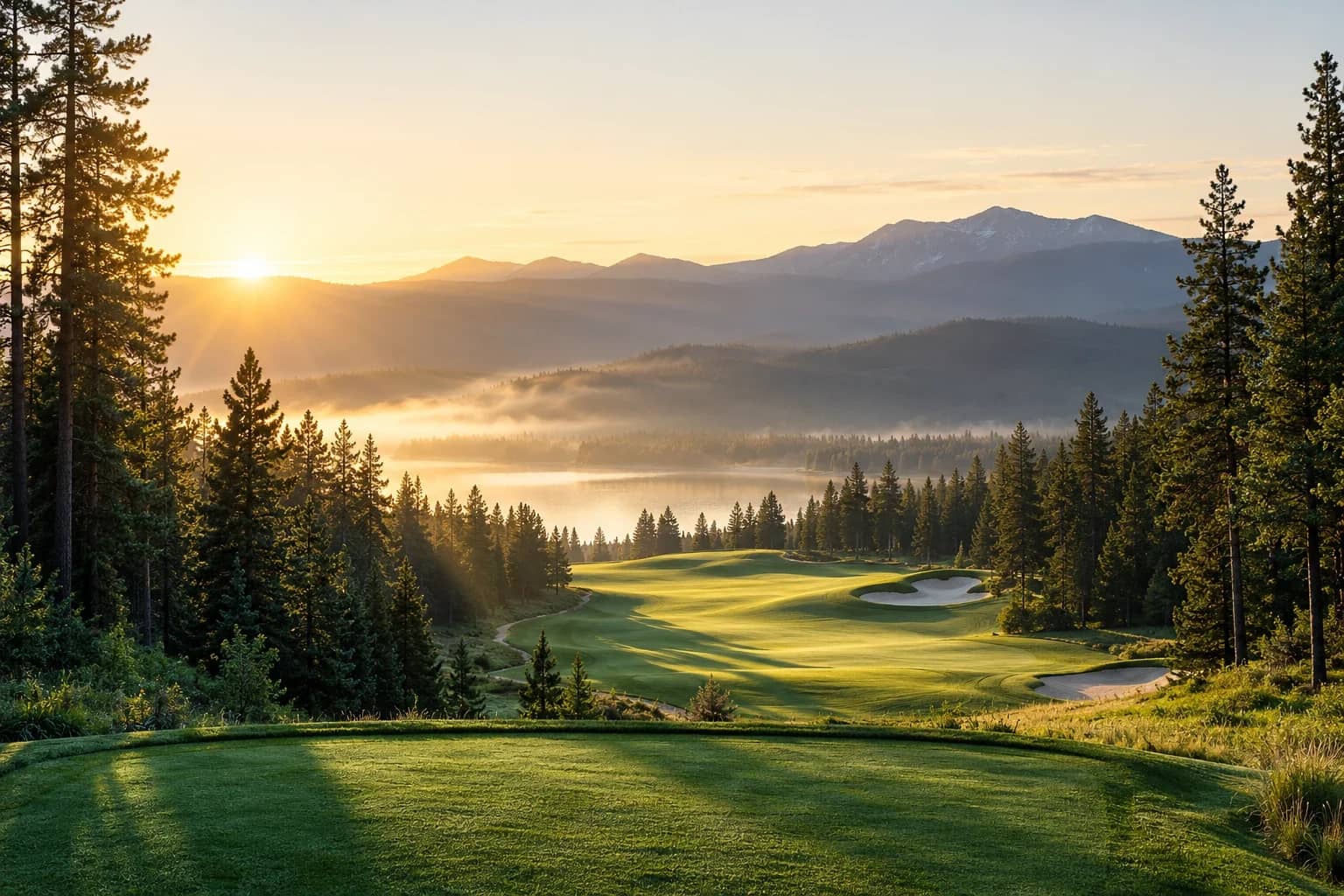A tee box at sunrise, with pines and mist over the fairway