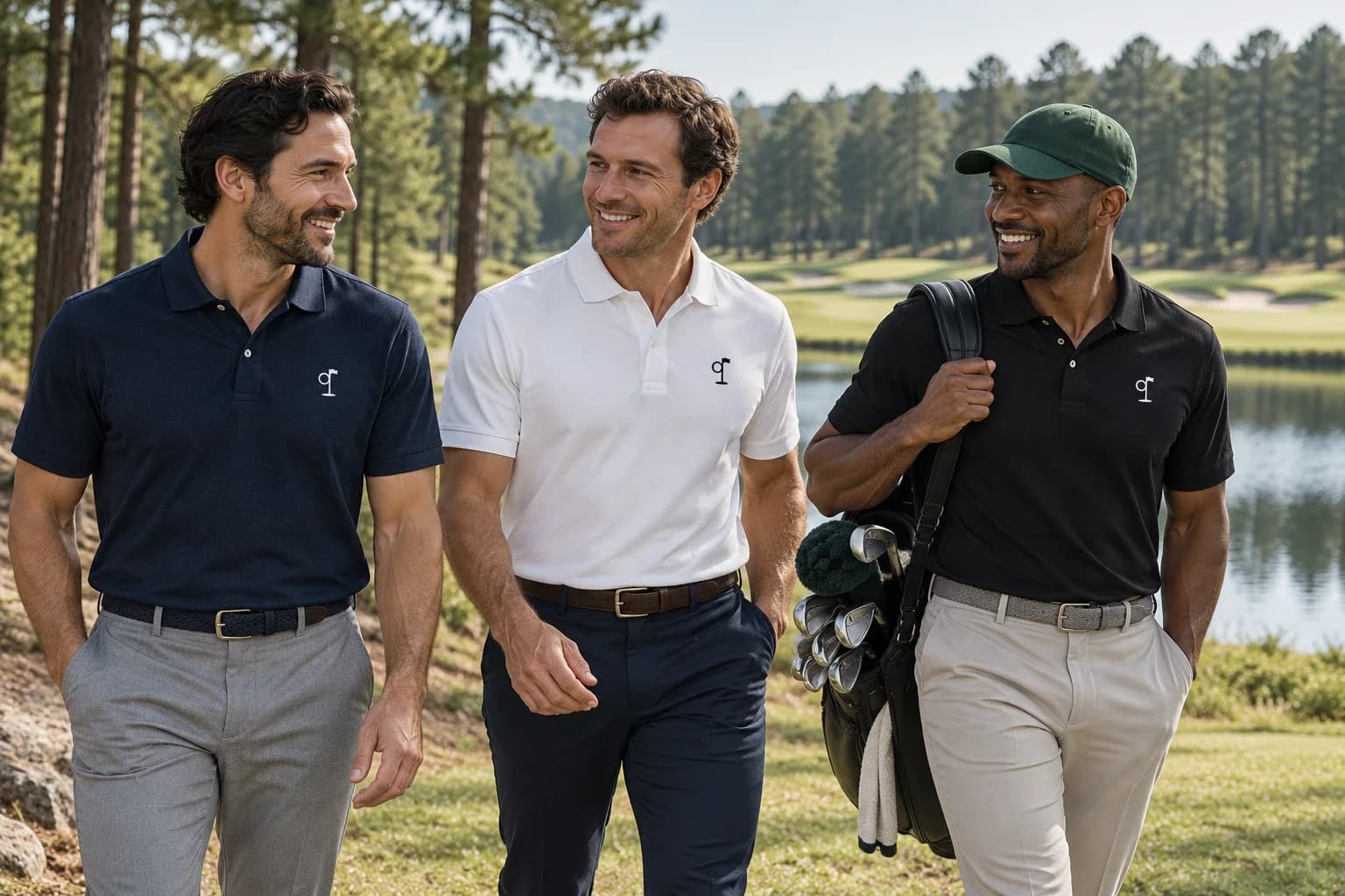 Three golfers in navy, white and black polos with gray, navy and stone pants