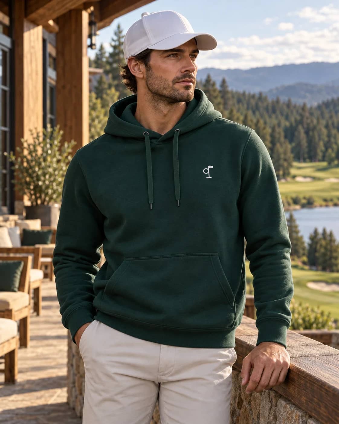 A golfer in a forest green Clubhouse Hoodie and stone pants