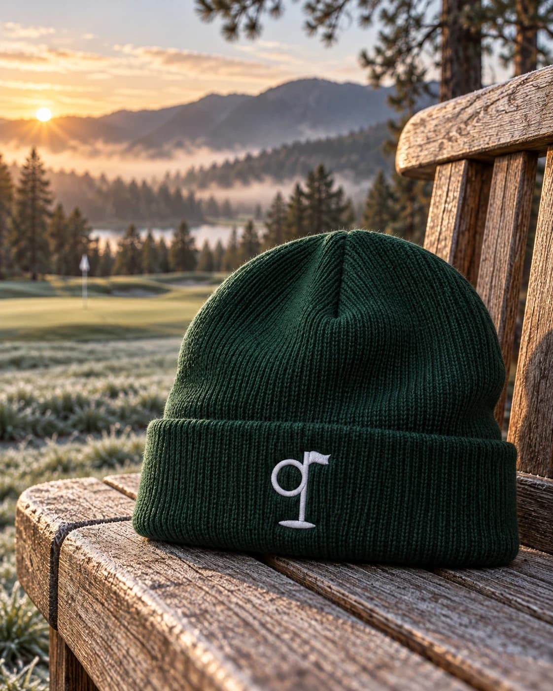 The Fog Toque in dark green on a frosty bench at sunrise