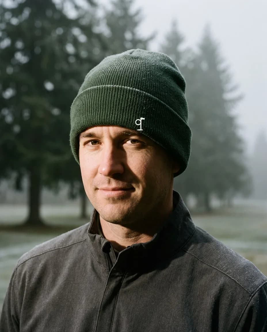 Golfer wearing the Fog Toque in Dark Green on a foggy morning course