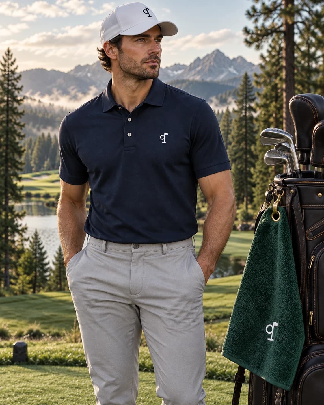 A golfer in a navy Ninth Polo and gray pants beside his bag