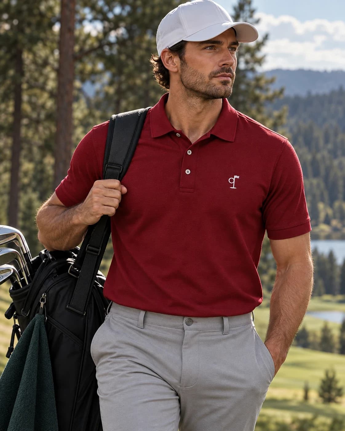 A golfer in the Ninth Polo in red, carrying a golf bag