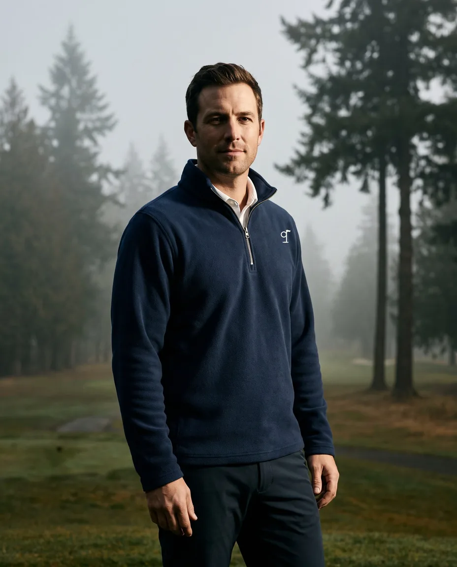 Golfer wearing The Pine Half-Zip in Navy on a misty fairway