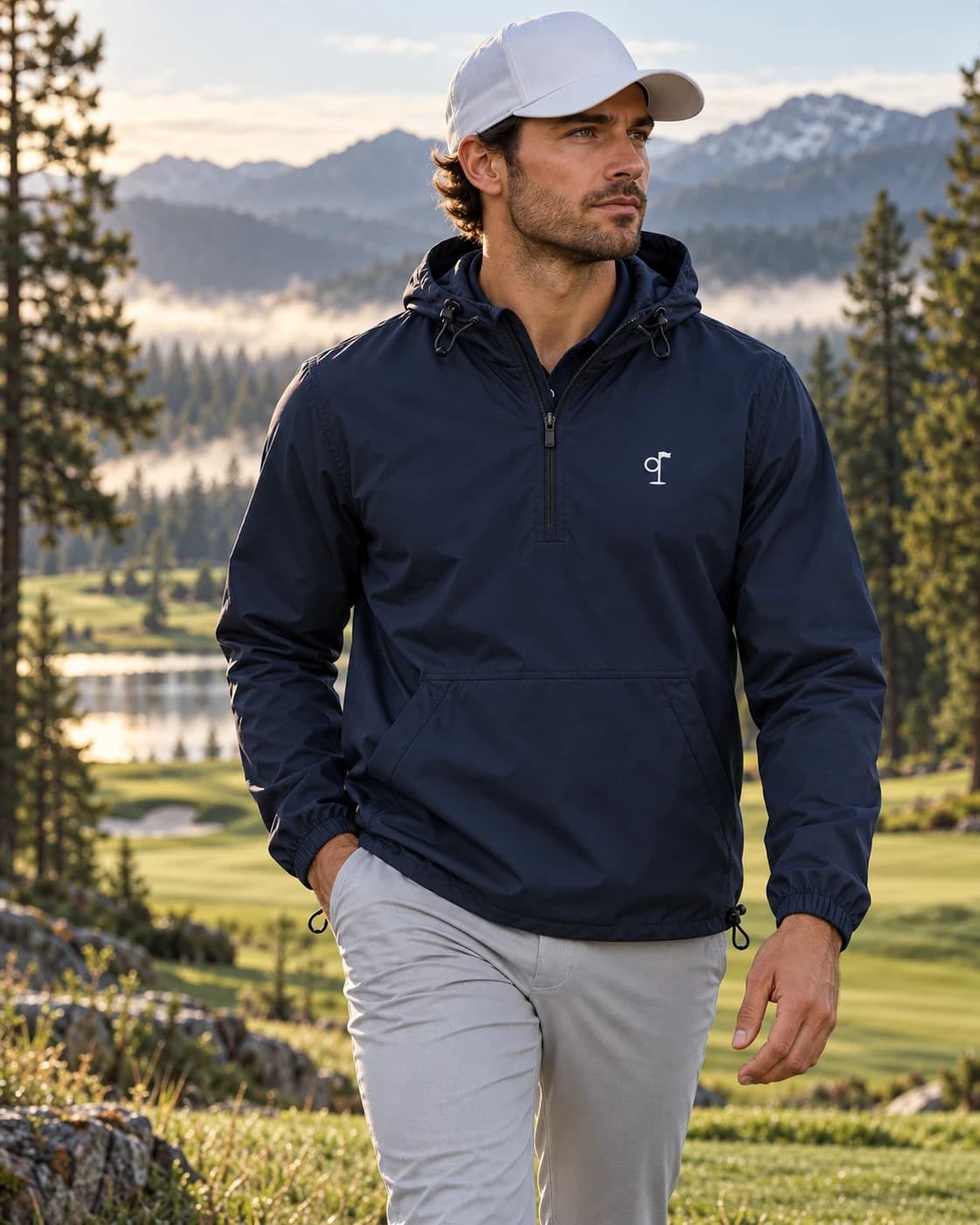 The Turn Anorak in navy on a course at sunrise