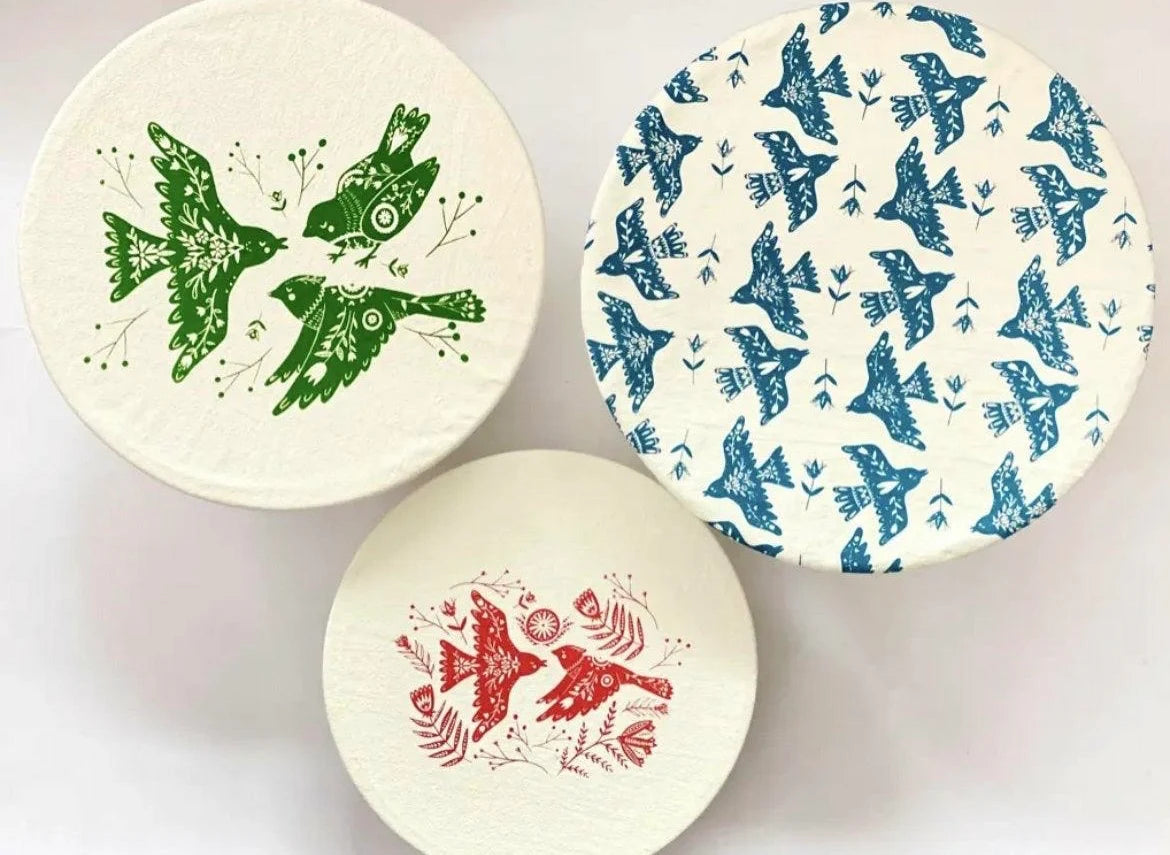 Cloth Bowl Covers, 100% Organic Cotton - Folk Bird Print
