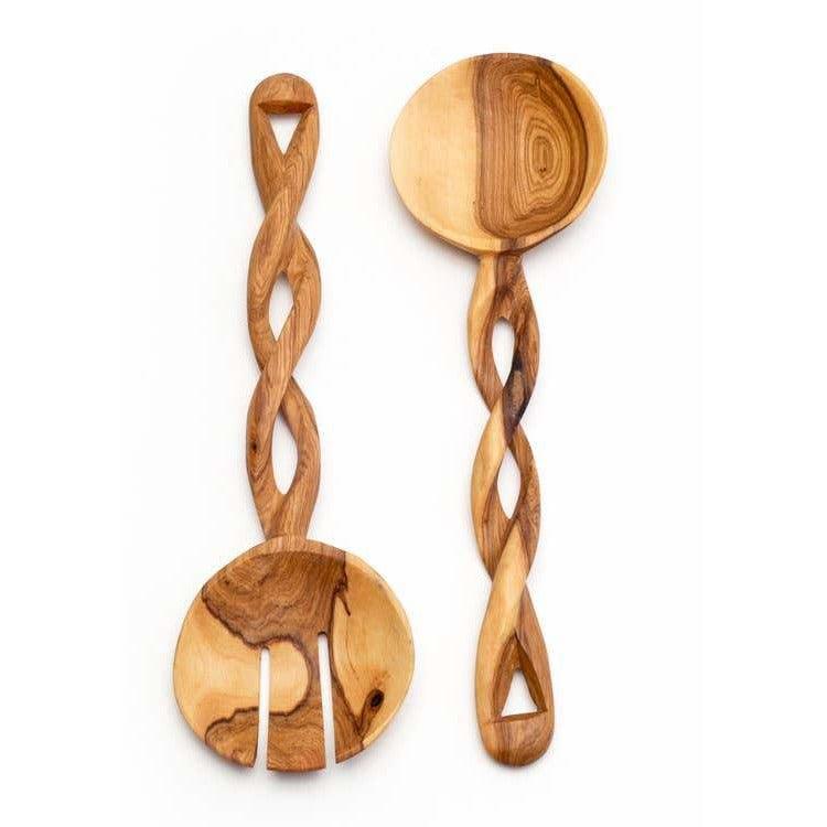 Serving Spoons, Olive Wood with Spiral Carved Handle - Ninth & Pine
